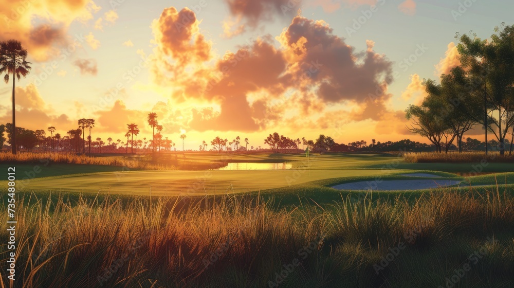 A picturesque golf course bathed in the warm glow of sunset A picturesque golf course bathed in the warm glow of sunset