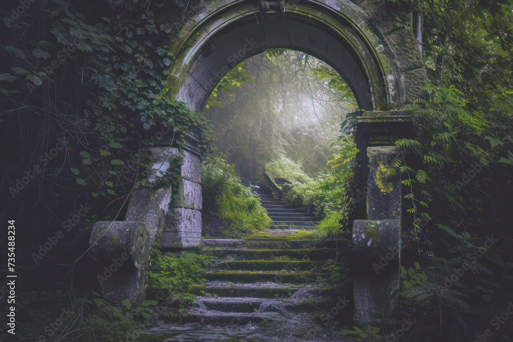 Tranquil stone arch pathway leading through lush green forest