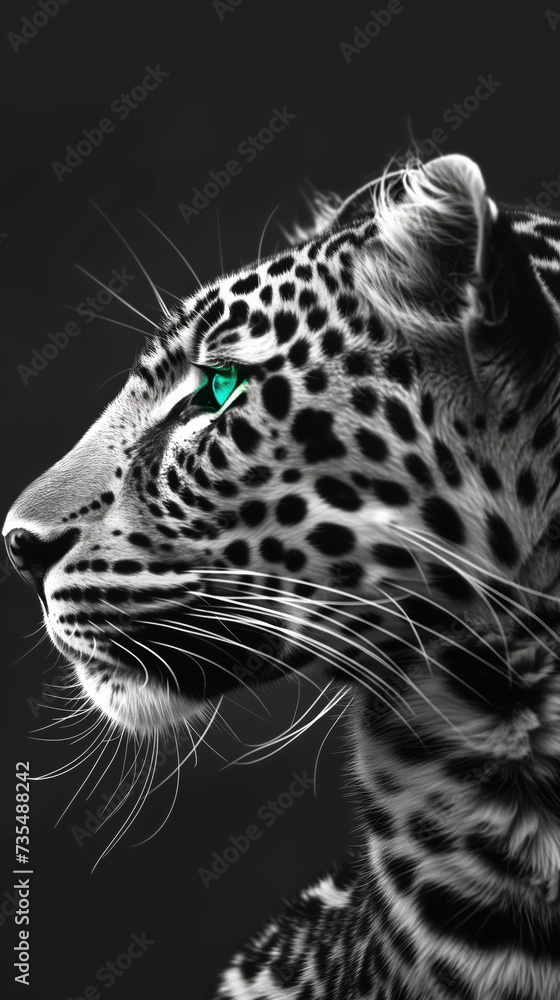Black and white portrait of a leopard with a green eye, vertical format Black and white portrait of a leopard with a green eye, vertical format