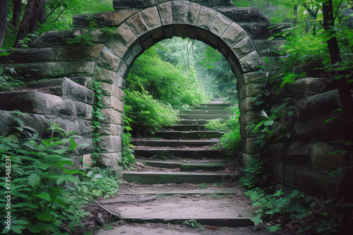 Tranquil stone arch pathway leading through lush green forest