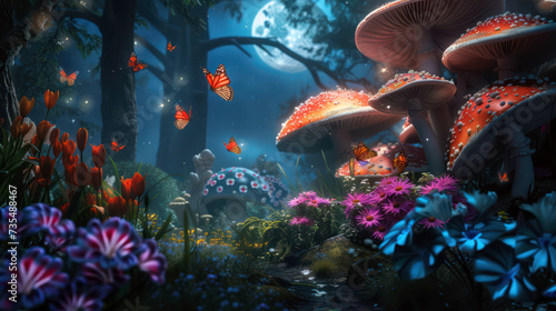 Magical enchanted forest with glowing mushrooms and moonlight