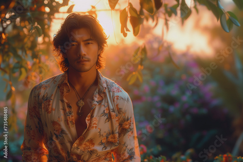 attractive asian man on a summer sunset with the sun shining against the backlight in the garden