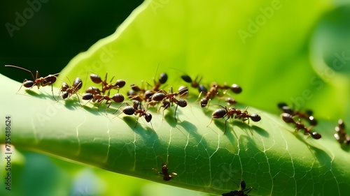 Ants colony, set against a background of vibrant green leaves