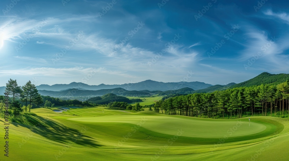 A panoramic vista of a golf course in Hokkaido, Japan, featuring a lush putting green amidst the stunning scenery of rich green turf