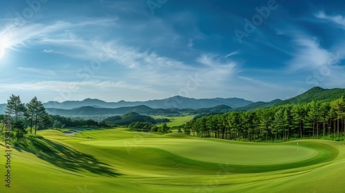 A panoramic vista of a golf course in Hokkaido  Japan  featuring a lush putting green amidst the stunning scenery of rich green turf