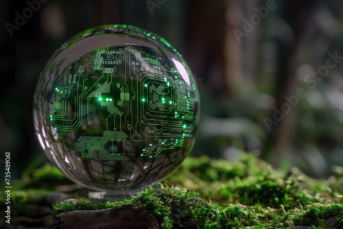 Green eco-friendly technology concept with circuit board globe in nature