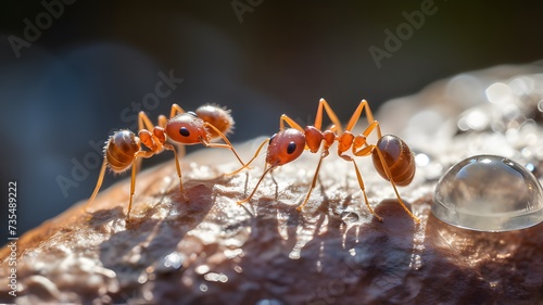 Close-up macro shot of ants bathed in natural sunlight on the pebble background