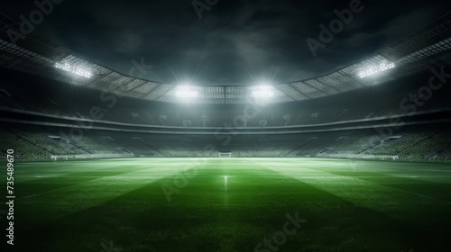 cinematic view of an empty stadium with perfect lawn and dramatic spotlights.  © CreativeCreations