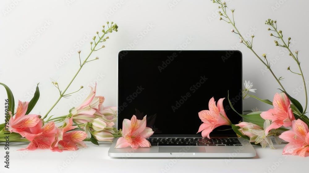 Laptop surrounded by flowers. There are no distractions on the laptop screen. The flowers are placed carefully, showing off their beauty without overshadowing the main subject Laptop surrounded by flowers. There are no distractions on the laptop screen. The flowers are placed carefully, showing off their beauty without overshadowing the main subject