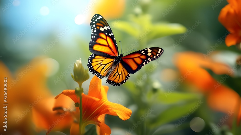 Fototapeta premium Macro shot of Monarch butterfly on morning flower with blurred background