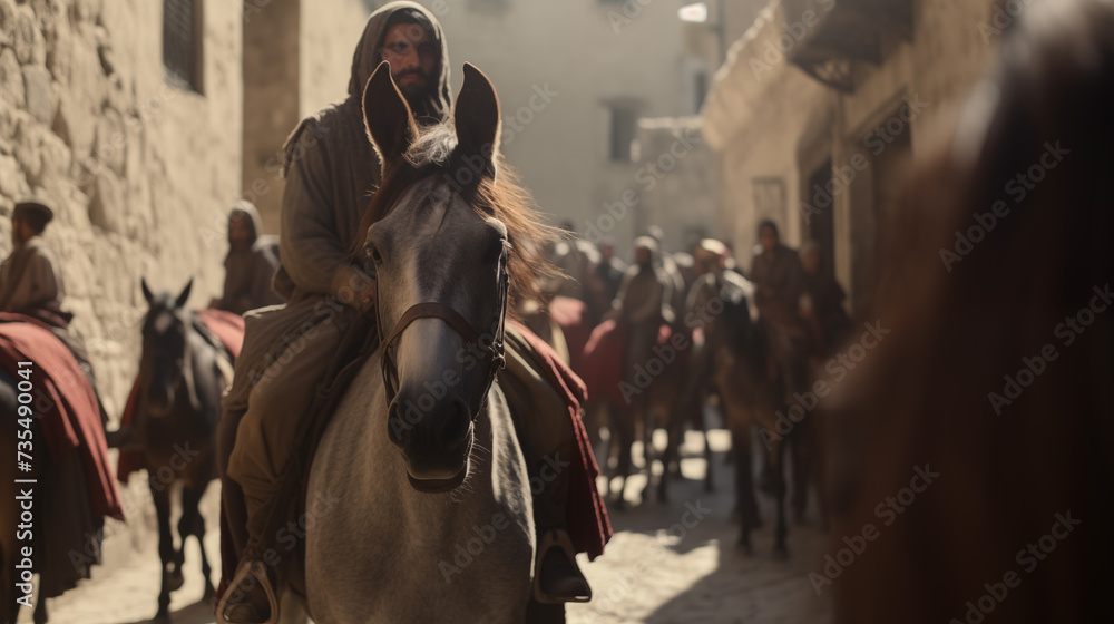 The entry of Jesus into Jerusalem riding a donkey