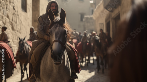 The entry of Jesus into Jerusalem riding a donkey