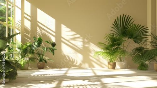 lush greenery of tropical palm leaves to add brightness and contrast to the beige walls and windows.