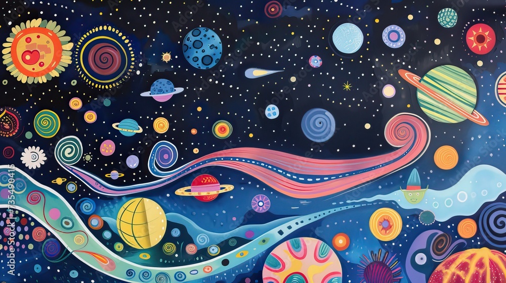 Naklejka premium A universe with planets and stars. Abstract colorful wallpaper in cartoon style.