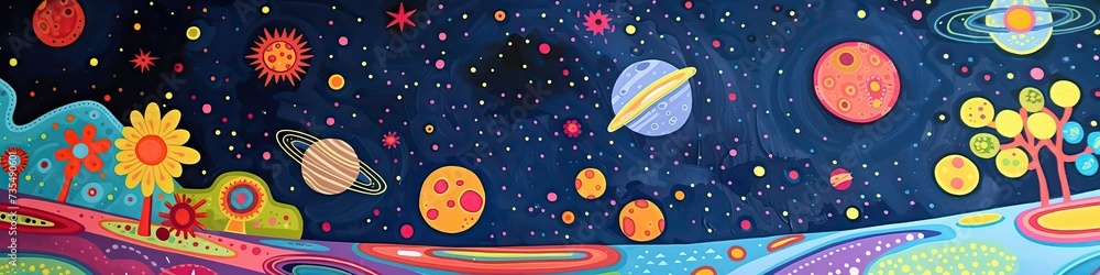 A universe with planets and stars. Abstract colorful wallpaper in cartoon style. A universe with planets and stars. Abstract colorful wallpaper in cartoon style.