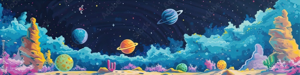 Naklejka premium A universe with planets and stars. Abstract colorful wallpaper in cartoon style.
