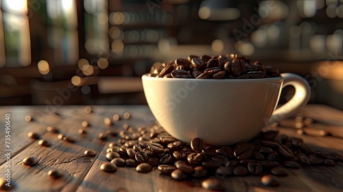 coffee beans in the cup, using warm tones to evoke the warmth and aroma of freshly roasted coffee, and providing enough brightness to effectively show off the details.