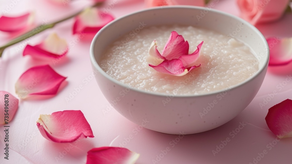minimalist presentation of congee rose, served in a white bowl with a pattern of rose petals arranged on top minimalist presentation of congee rose, served in a white bowl with a pattern of rose petals arranged on top