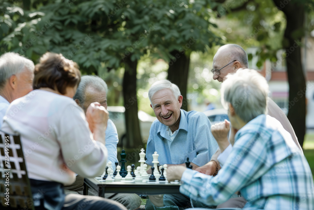 A group of cheerful seniors gather for a friendly game of chess in the park, enjoying the shade of lush trees.. A group of cheerful seniors gather for a friendly game of chess in the park, enjoying the shade of lush trees..