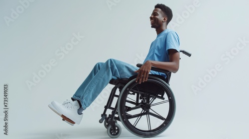 black man with a physical disability smiling and sitting in a wheelchair dressed in jeans, a blue t-shirt, positioned against a white background, Fashion mockup, Lifestyle, Stylish studio background