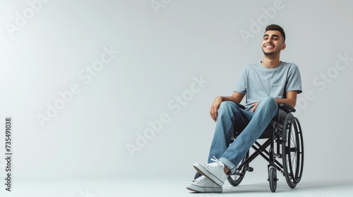white man with a physical disability smiling and sitting in a wheelchair dressed in jeans, a blue t-shirt, positioned against a white background, Fashion mockup, Lifestyle, Stylish studio background