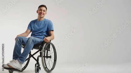 white man with a physical disability smiling and sitting in a wheelchair dressed in jeans, a blue t-shirt, positioned against a white background, Fashion mockup, Lifestyle, Stylish studio background