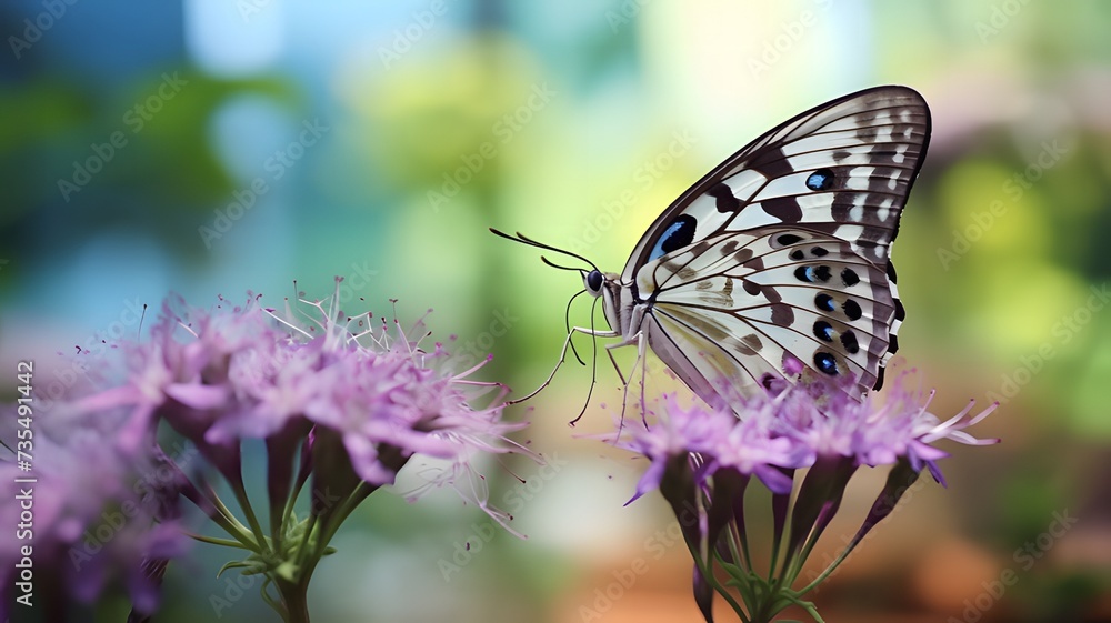 Close-up capture of a colorful butterfly resting on flower with a dreamy blurred backdrop Close-up capture of a colorful butterfly resting on flower with a dreamy blurred backdrop