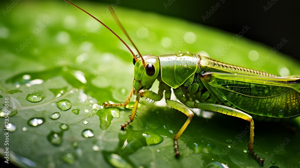 Fototapeta premium Macro photography of a charming grasshopper on a green leaf with dewdrops