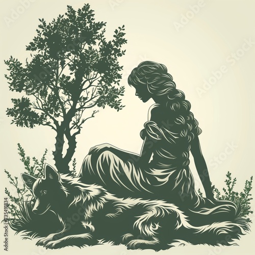 elfa con lupo sotto un albero, sagoma scura su sfondo neutro photo