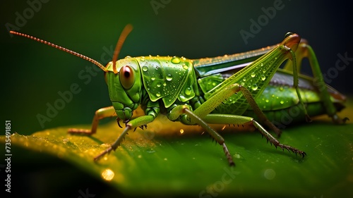 Macro photography of a charming grasshopper on a green leaf with dewdrops