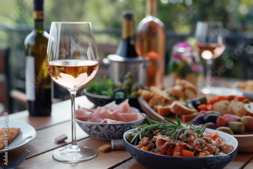 Gourmet Mediterranean feast with wine and fresh antipasto spread