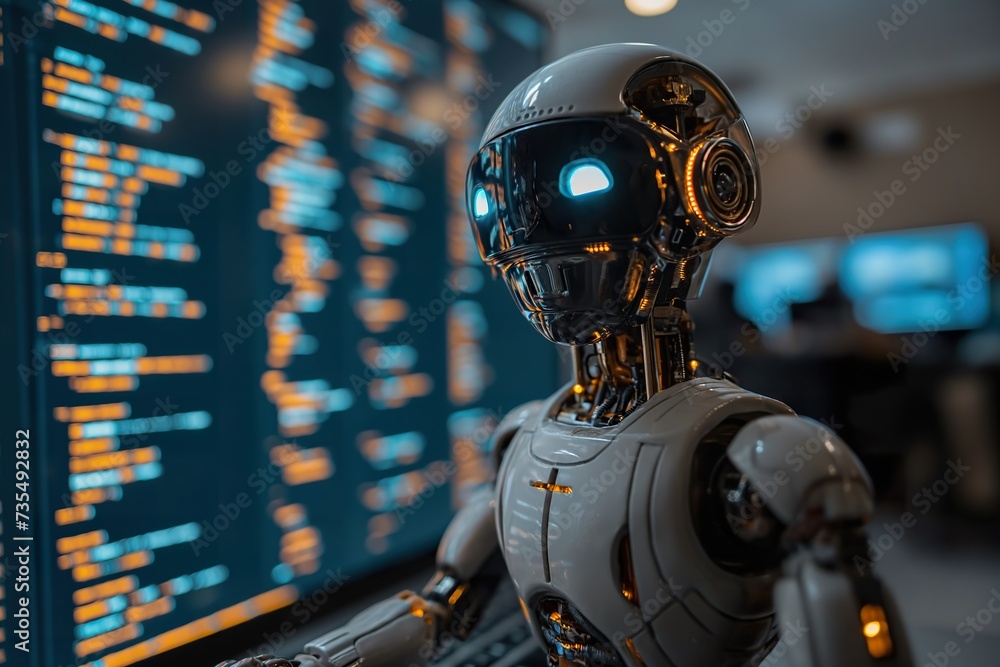 A robot stands in front of a computer screen, displaying information and performing tasks. A robot stands in front of a computer screen, displaying information and performing tasks.