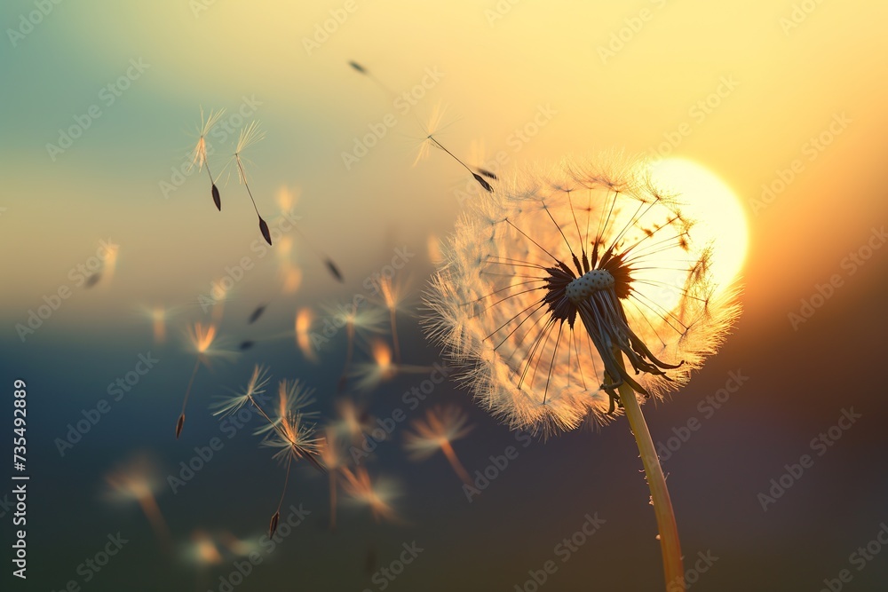 A dandelion floats in the wind against the backdrop of a colorful sunset.