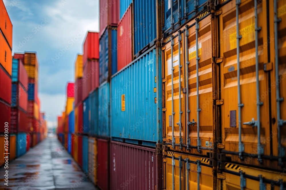 Fototapeta premium A vibrant row of shipping containers sitting next to each other in an industrial setting.