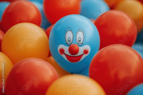 This close-up photo captures a blue ball featuring a clown face, showcasing its cheerful and creative design.