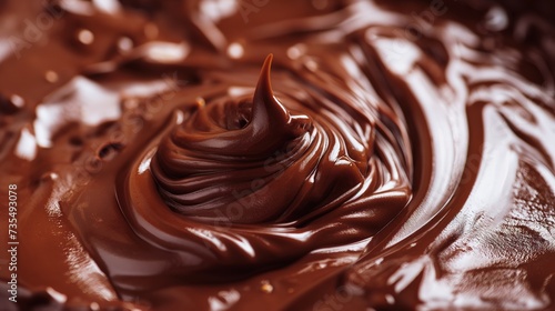 A detailed view of a dark chocolate swirl in a bowl  showcasing its rich texture and decadent appearance.