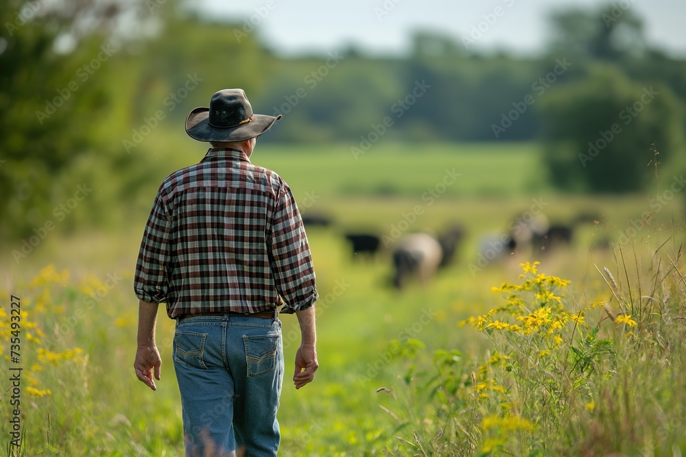 A man wearing a plaid shirt and cowboy hat walks through a field with cattle in the background. A man wearing a plaid shirt and cowboy hat walks through a field with cattle in the background.