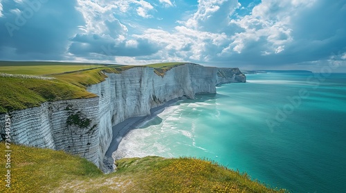 This photo captures a scenic view of the Seven Sisters Cliffs in southern England, overlooking the vast expanse of the ocean.
