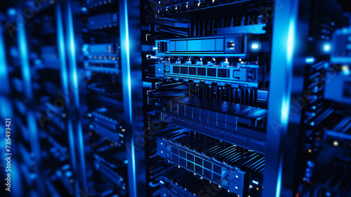 Camera slowly moving in data center showing server equipment with flickering light indicators, close up view. Seamlessly looped photorealistic 3D render animation