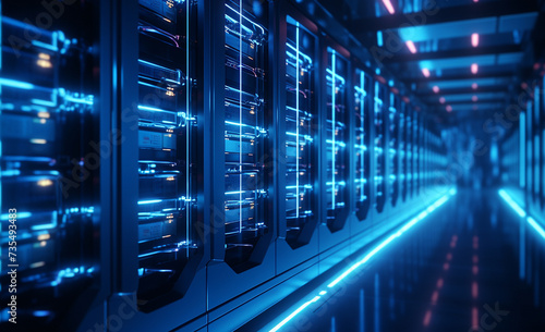 Camera slowly moving in data center showing server equipment with flickering light indicators, close up view. Seamlessly looped photorealistic 3D render animation