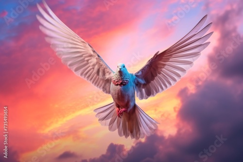 a dove in mid-flight, its wings spread wide against a backdrop of colorful clouds