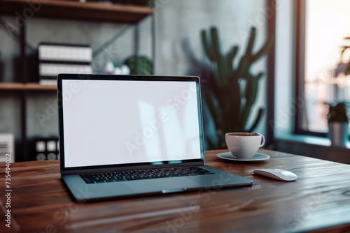 Modern workspace of home office with laptop on table and cozy night atmosphere