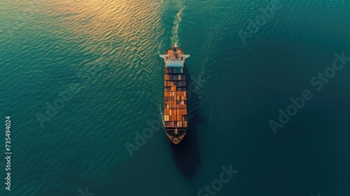 Aerial top view container cargo ship in import export business commercial trade logistic and transportation of international by container cargo ship in the open sea, Container cargo freight