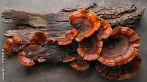 Natural Reishi or lingzhi mushroom growing on old bark