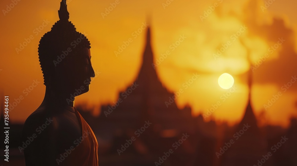 Waisak day concept: Sepia tone, silhouette Budha with blurred tourist attraction on sunset background