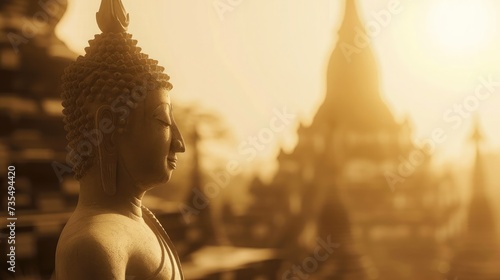 Waisak day concept: Sepia tone, silhouette Budha with blurred tourist attraction on sunset background © buraratn