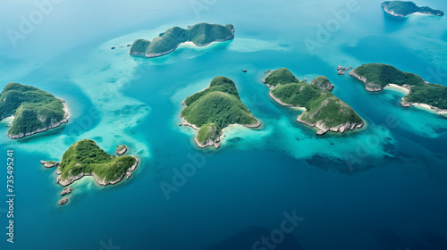 Aerial View of Tropical Archipelago in Clear Blue Waters, island view, exotic resort