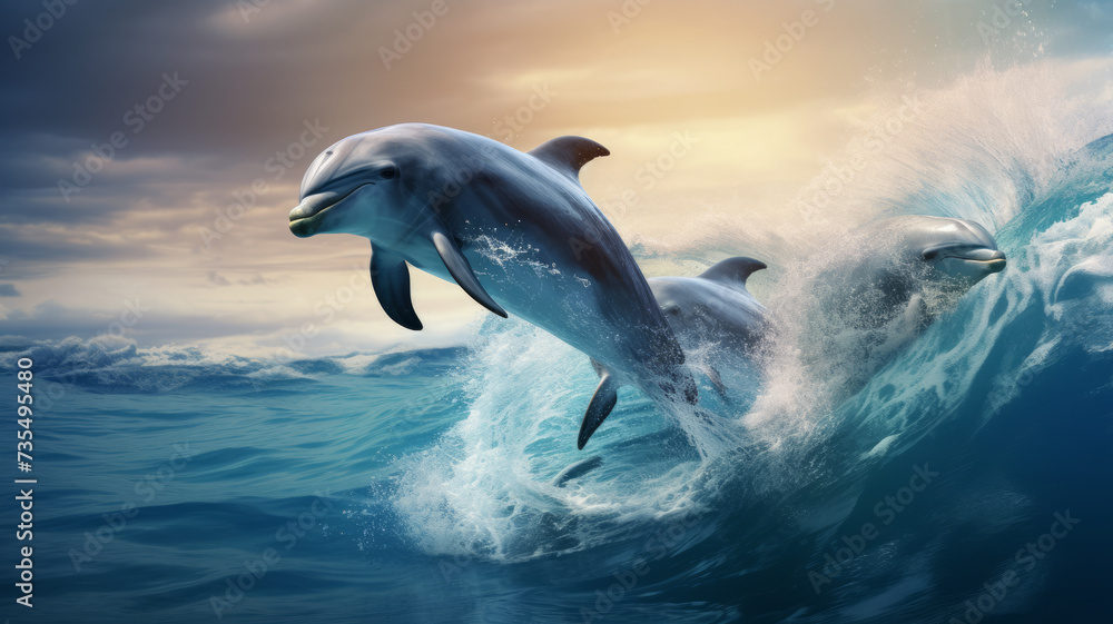A pod of dolphins gracefully leaping and playing in the ocean waves - obrazy, fototapety, plakaty 