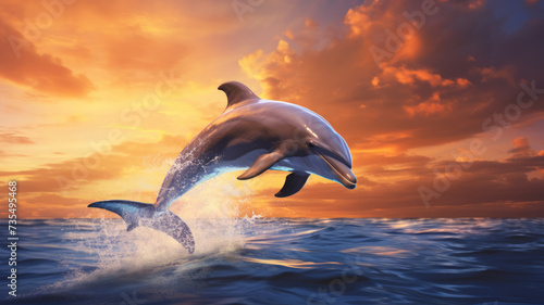 Dolphin jumping and playing in the ocean waves during the sunset.