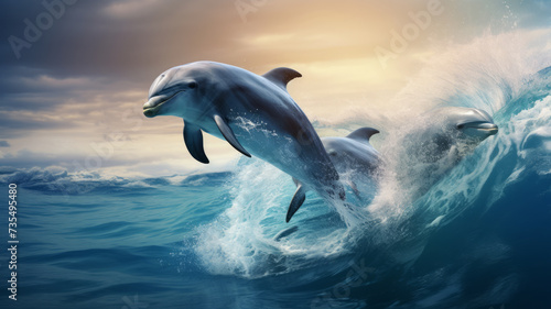 A pod of dolphins gracefully leaping and playing in the ocean waves